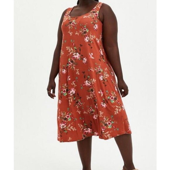 Torrid Orange Floral Super Soft Midi Dress Scoop Tank 14939048 Womens Plus 2X - Picture 1 of 13